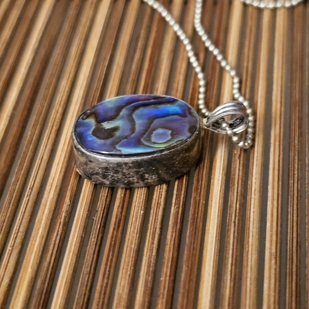 Sterling Silver Abalone Silver Necklace (Vintage) - Picture 4 of 12